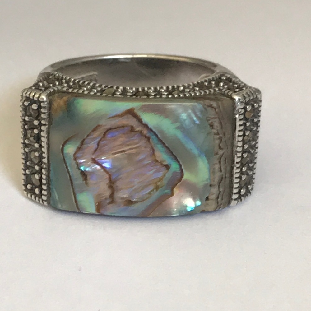 Vintage Sterling silver abalone marcasite ring 6